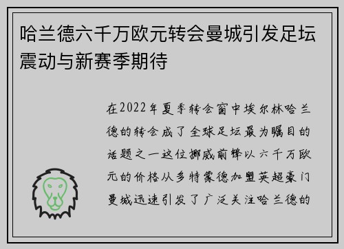 哈兰德六千万欧元转会曼城引发足坛震动与新赛季期待